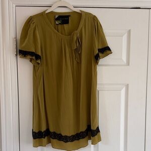 Olive Green Top with Black Lace Trim